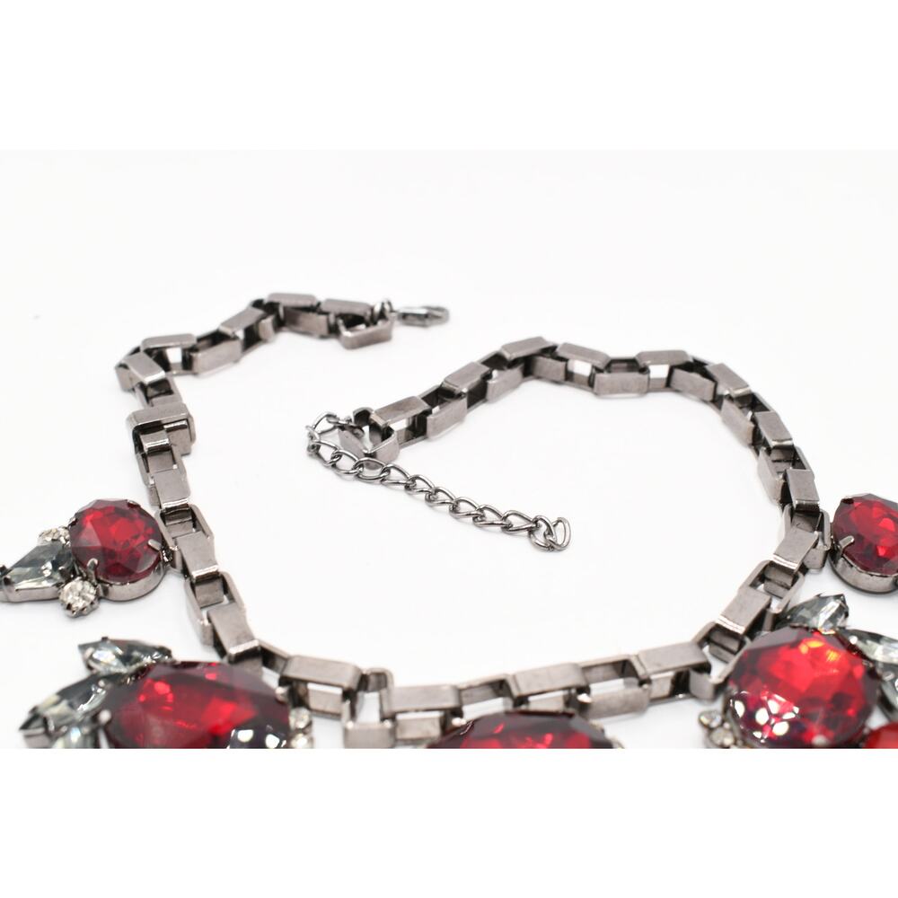 Red Rhinestone Statement Necklace Gunmetal Gray Box Chain 19 Inch - Picture 8 of 11
